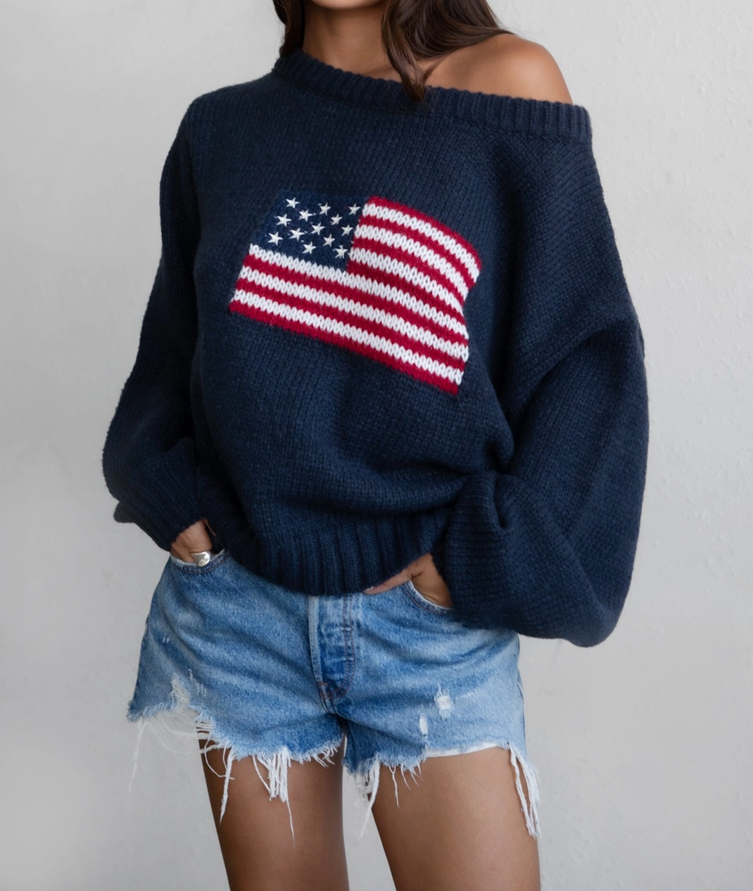 American Flag Knit Off The Shoulder Sweater – Maze Boutique