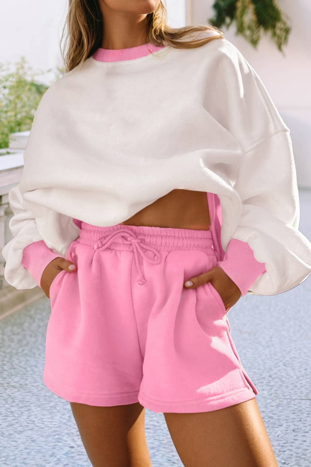 Color Block Pullover and Draw Tie Shorts Set