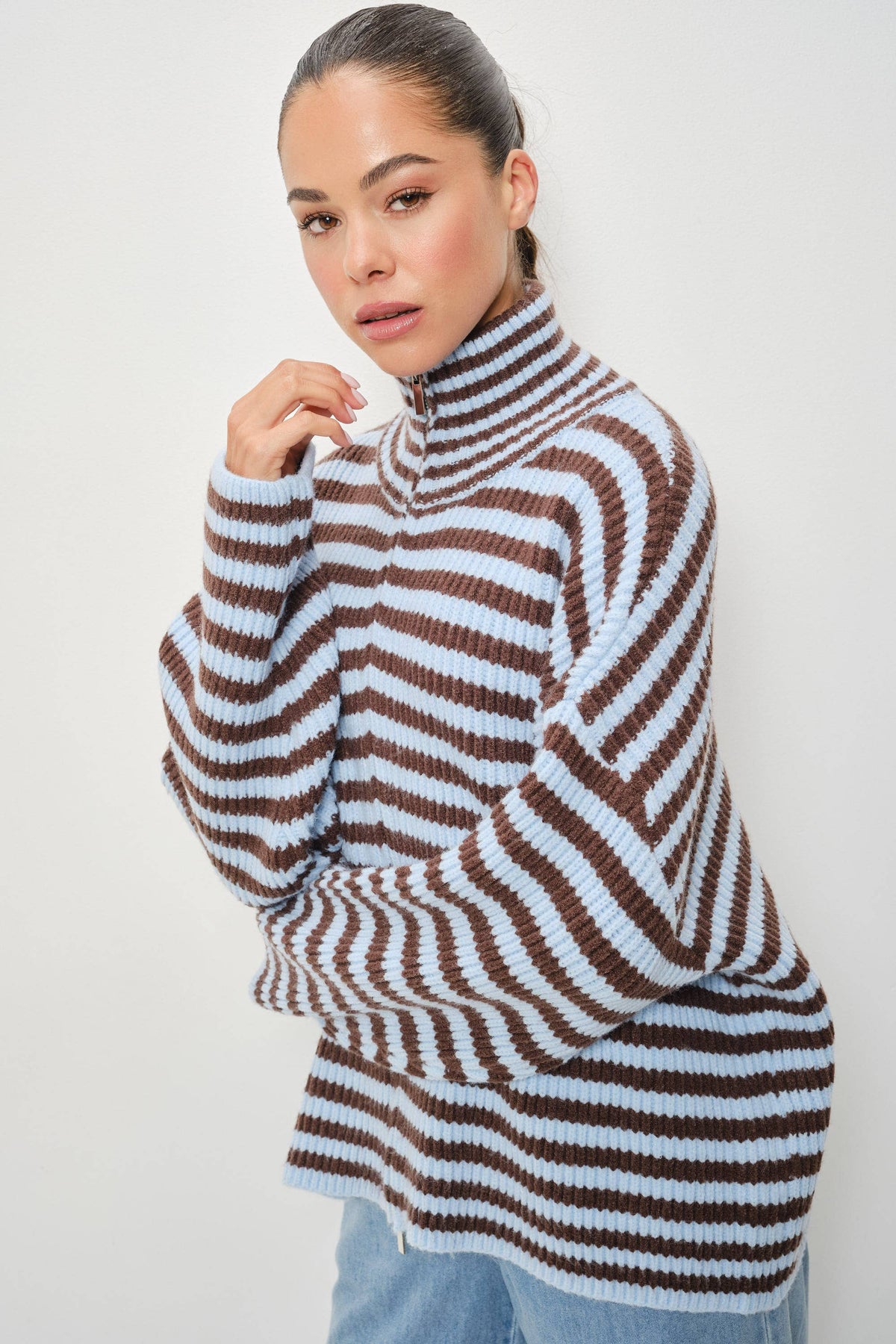 Striped Mocked Neck Zip Up
