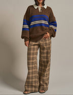 Striped Rugby Polo Sweater With Contrast Collar