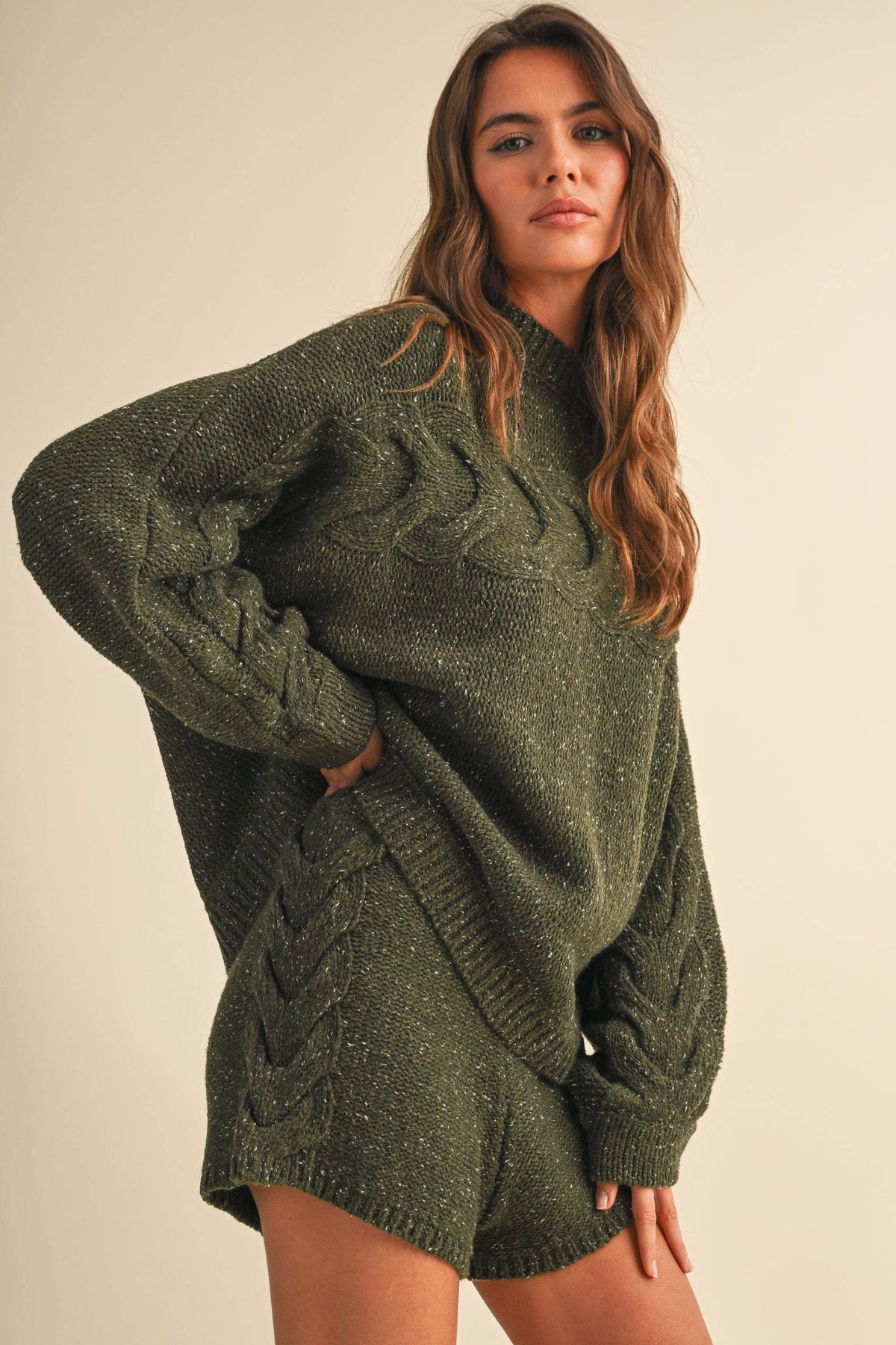 Oversized Cable Detail Sweater Top and Short Set