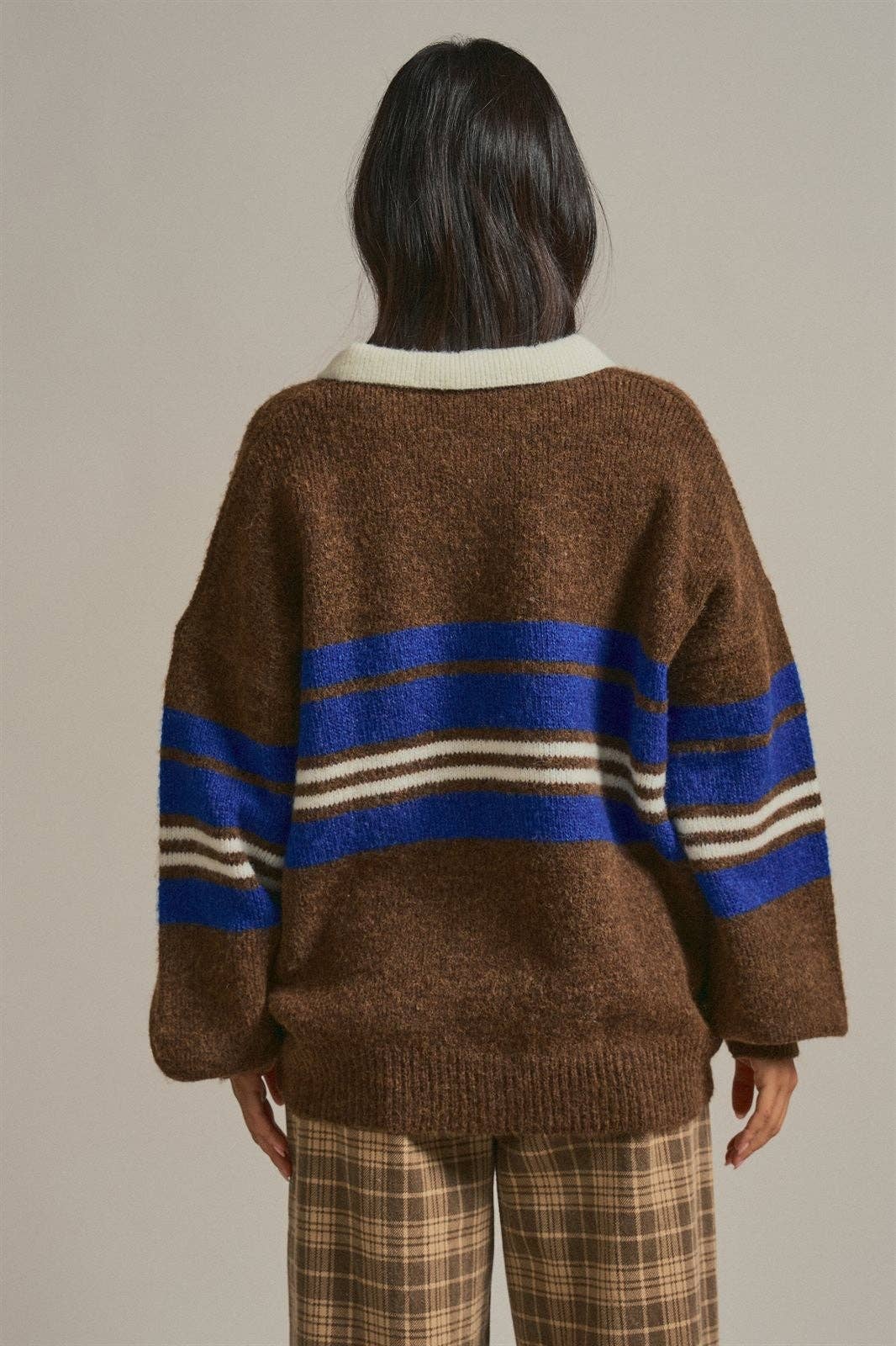 Striped Rugby Polo Sweater With Contrast Collar