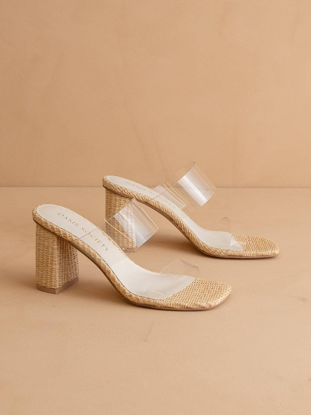 Natural Transparent Double Strap Raffia Heel