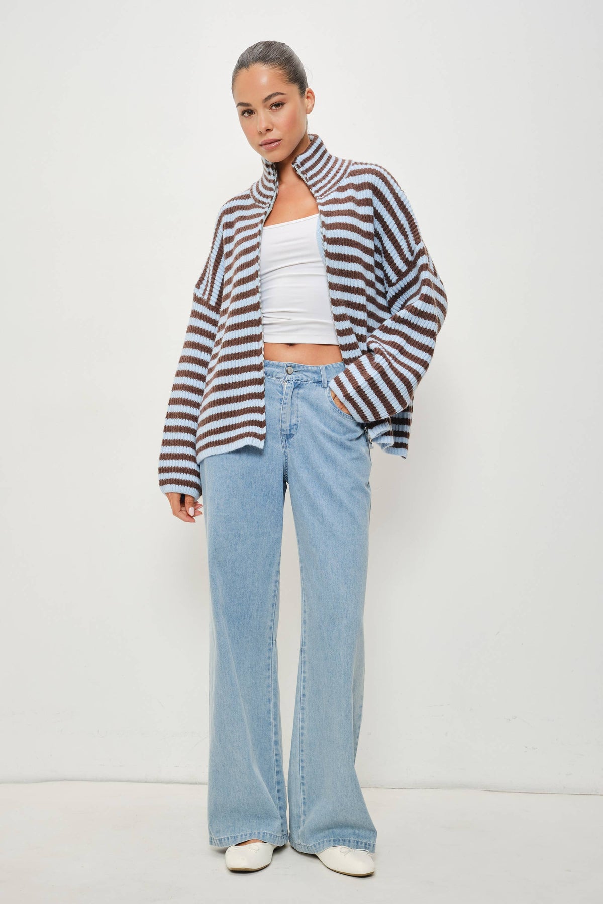 Striped Mocked Neck Zip Up