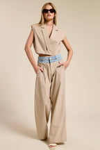 Denim Waistband Contrast Stripe Wide Leg Trousers