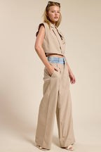 Denim Waistband Contrast Stripe Wide Leg Trousers