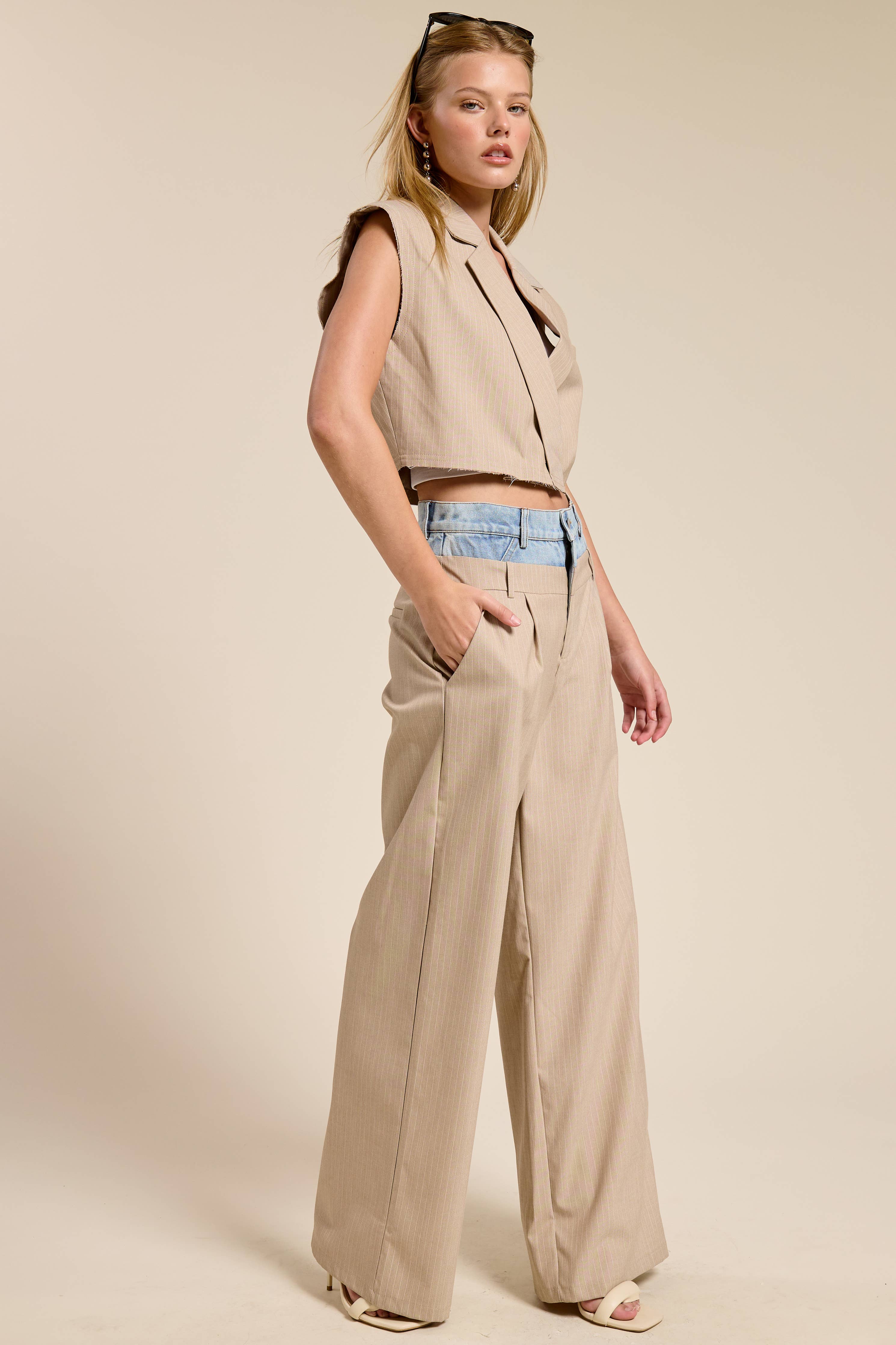 Denim Waistband Contrast Stripe Wide Leg Trousers