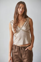 Woven Polyester Satin V-Neck Sleeveless Blouse Top