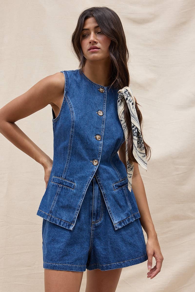 Denim Button Vest Top & Wide Short Set