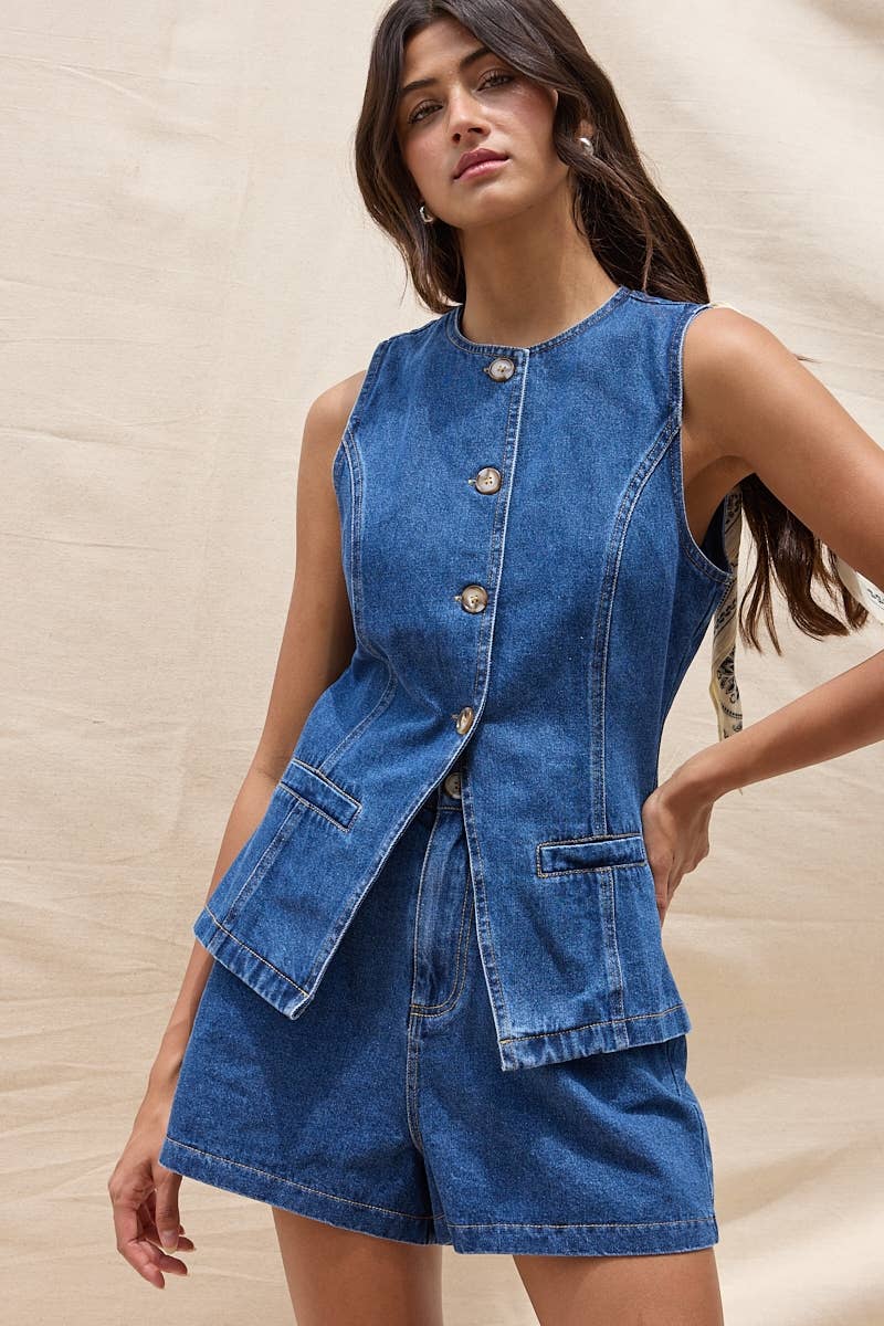 Denim Button Vest Top & Wide Short Set