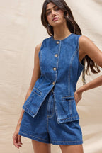 Denim Button Vest Top & Wide Short Set