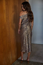 Woven Polyester Leopard Print Cowl Neck Midi Dress
