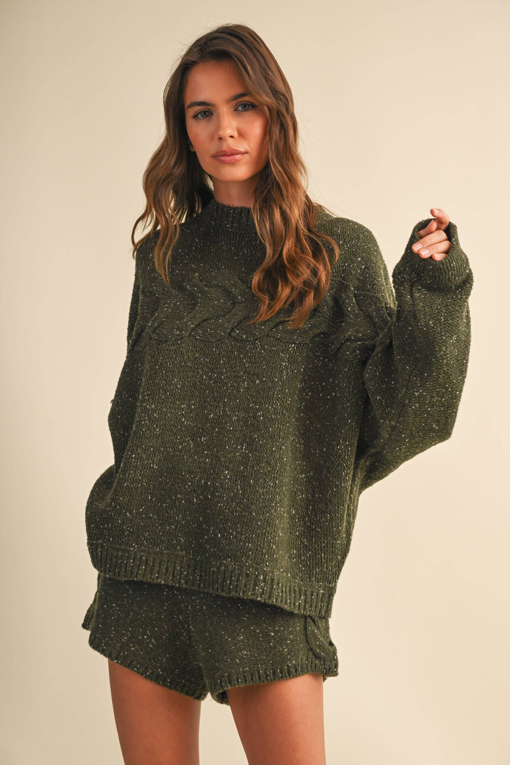 Oversized Cable Detail Sweater Top and Short Set