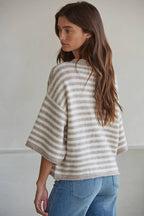 Knit Sweater Striped Quarter Sleeve Cardigan