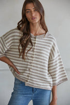 Knit Sweater Striped Quarter Sleeve Cardigan