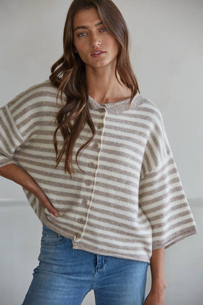 Knit Sweater Striped Quarter Sleeve Cardigan