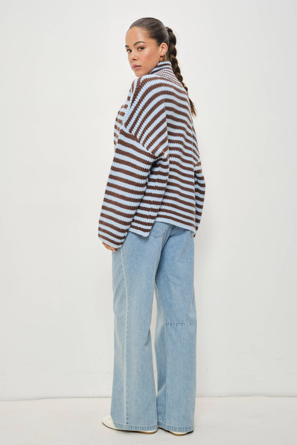 Striped Mocked Neck Zip Up