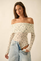 Floral-Print Lace Long-Sleeve Off-Shoulder Foldover Bodysuit