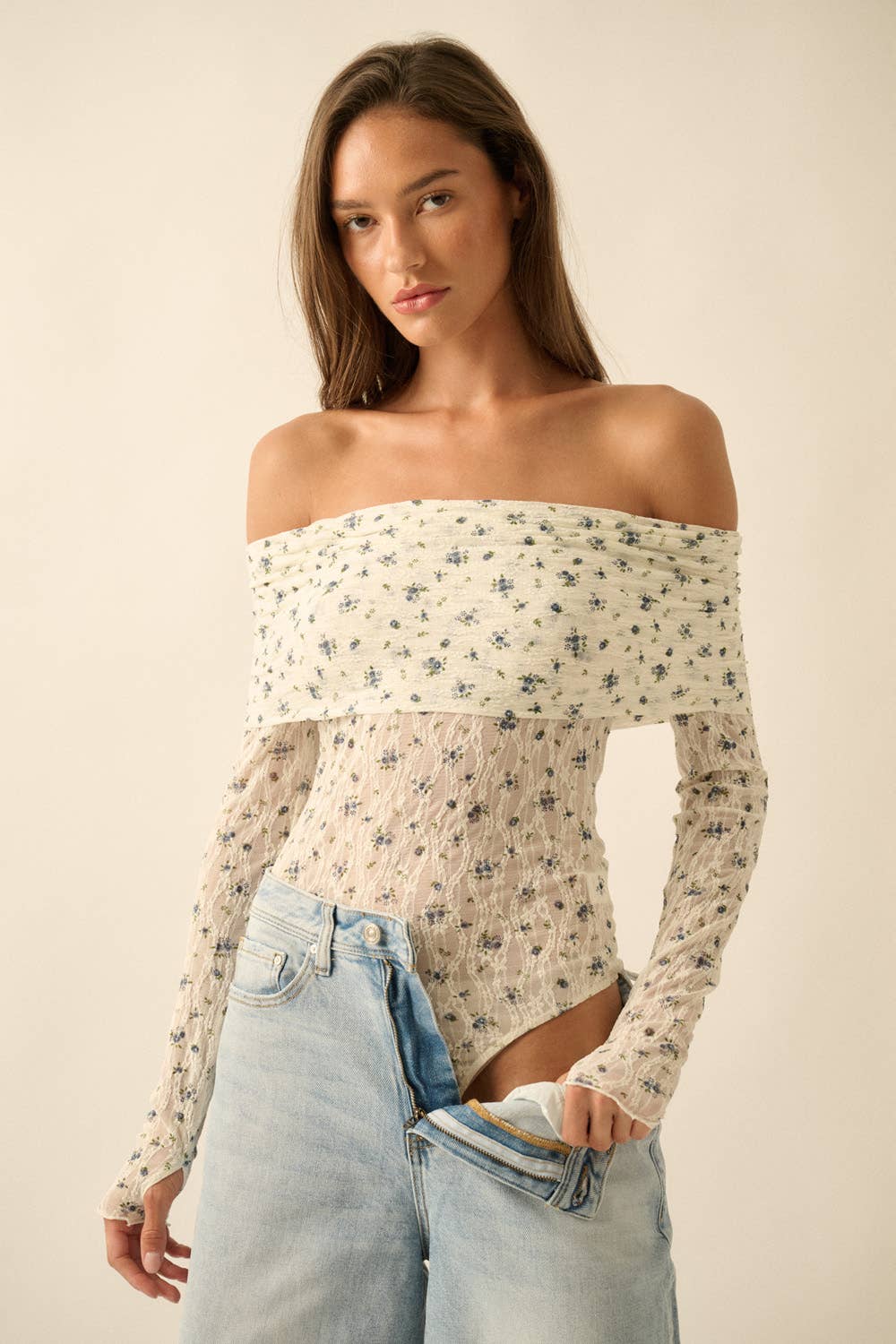 Floral-Print Lace Long-Sleeve Off-Shoulder Foldover Bodysuit
