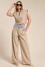 Denim Waistband Contrast Stripe Wide Leg Trousers