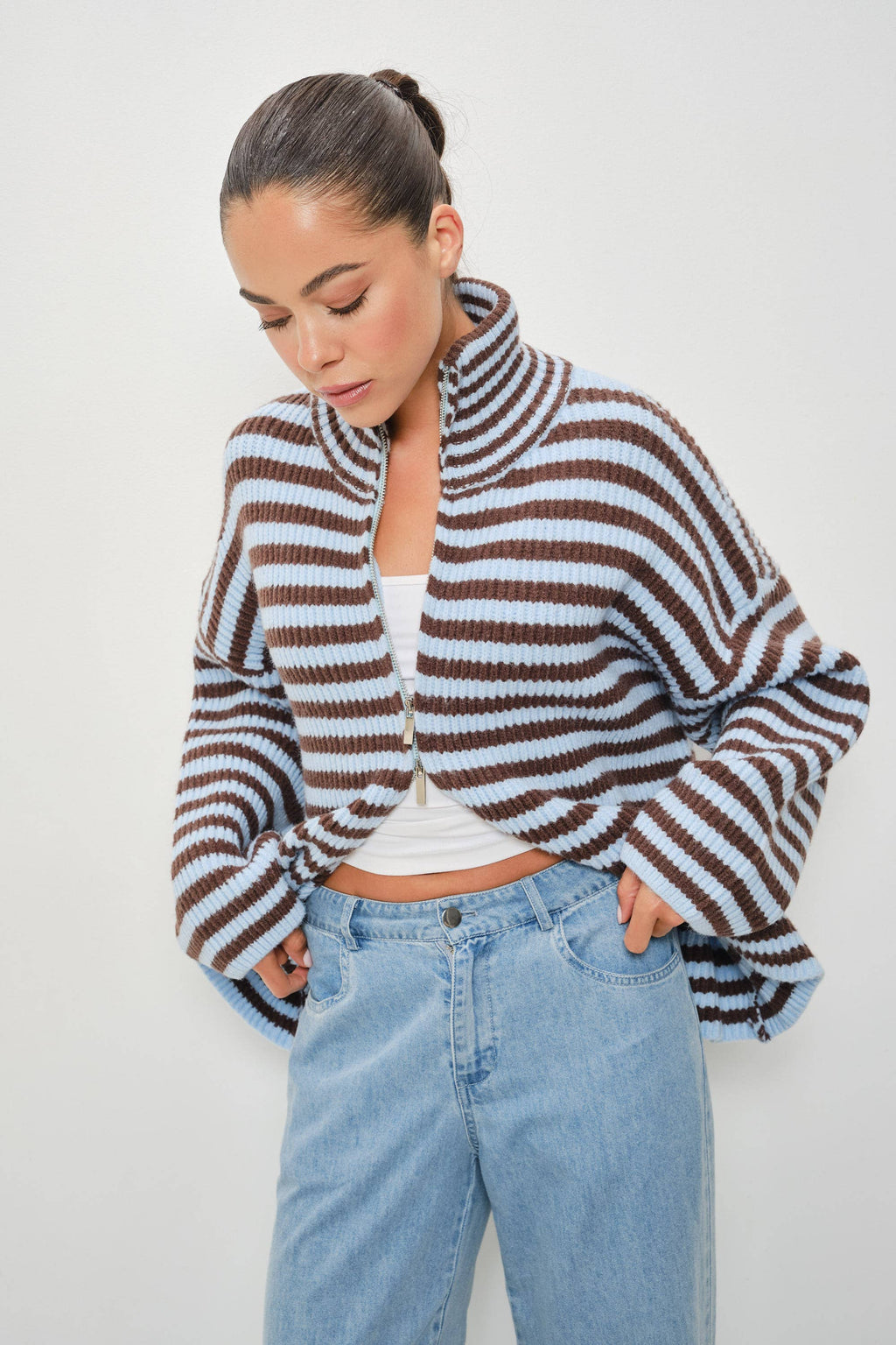 Striped Mocked Neck Zip Up