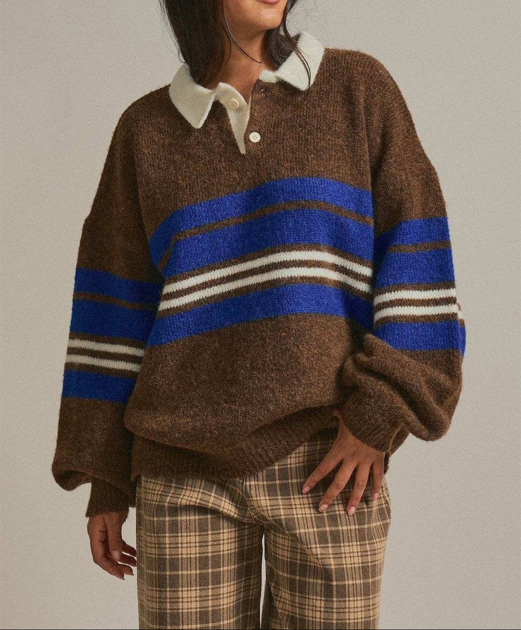 Striped Rugby Polo Sweater With Contrast Collar