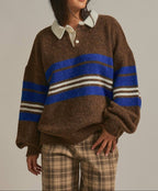 Striped Rugby Polo Sweater With Contrast Collar