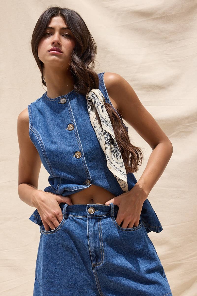 Denim Button Vest Top & Wide Short Set