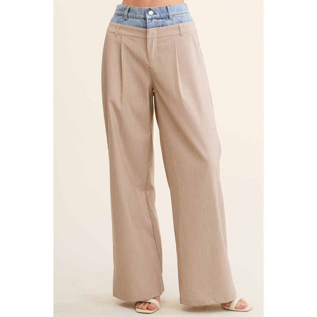 Denim Waistband Contrast Stripe Wide Leg Trousers