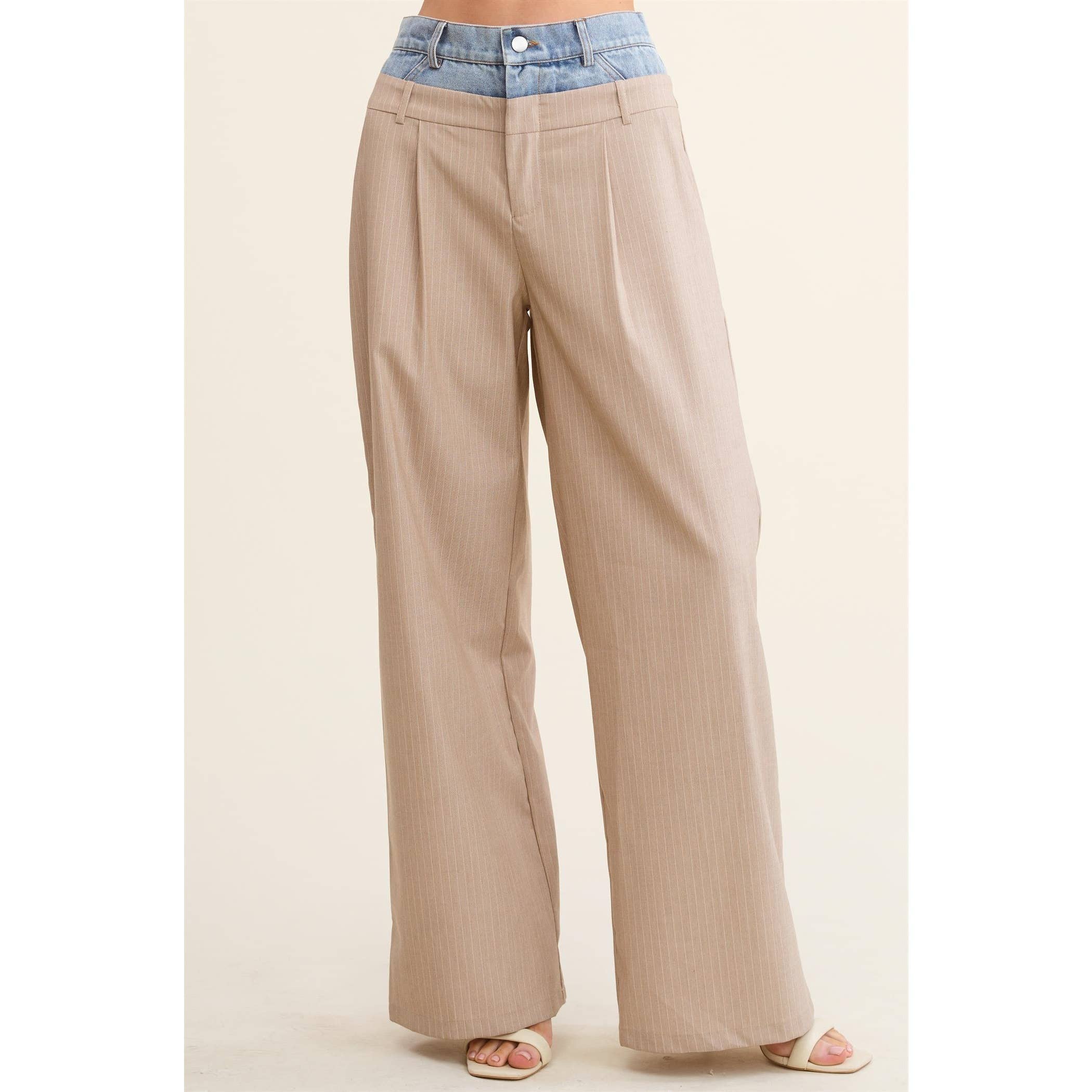 Denim Waistband Contrast Stripe Wide Leg Trousers