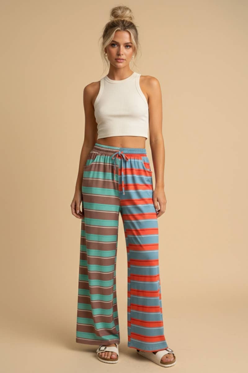 Mixed-Stripe Wide-Leg Pants
