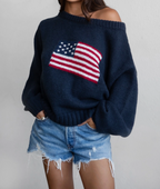American Flag Knit Off The Shoulder Sweater