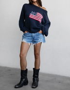 American Flag Knit Off The Shoulder Sweater