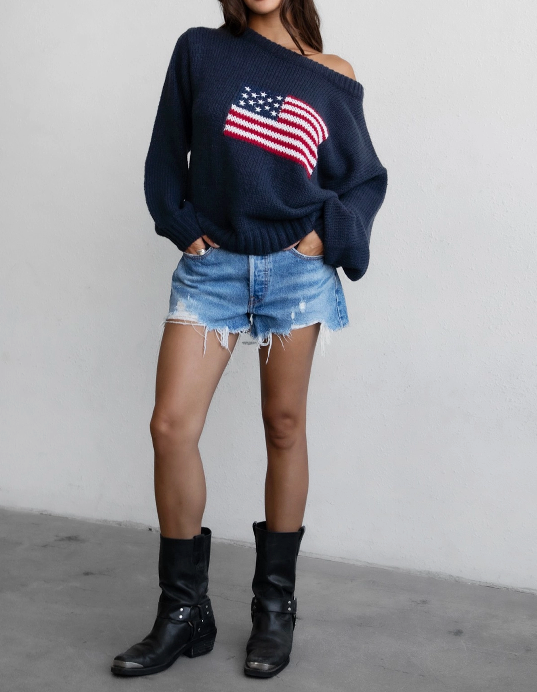 American Flag Knit Off The Shoulder Sweater