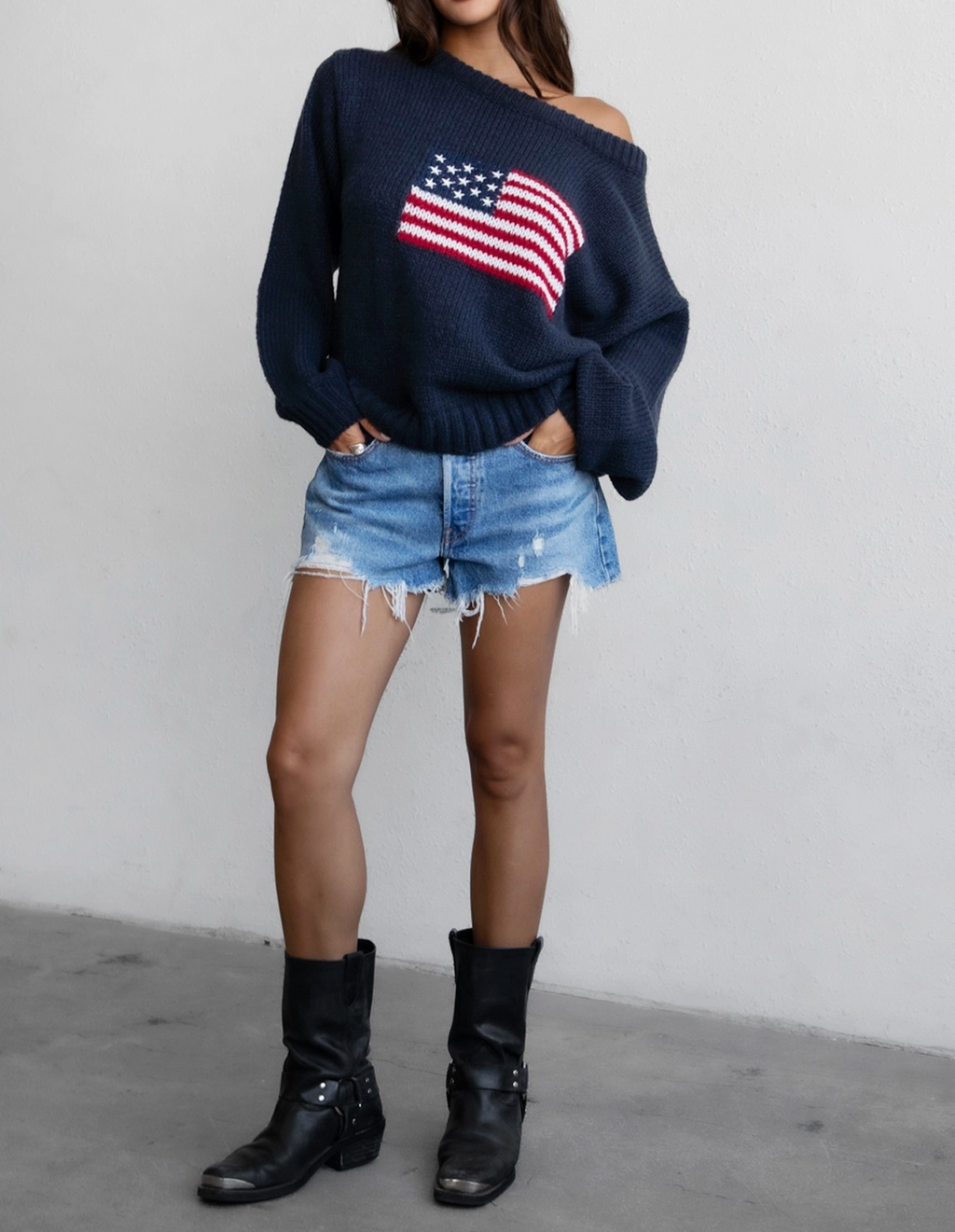 American Flag Knit Off The Shoulder Sweater