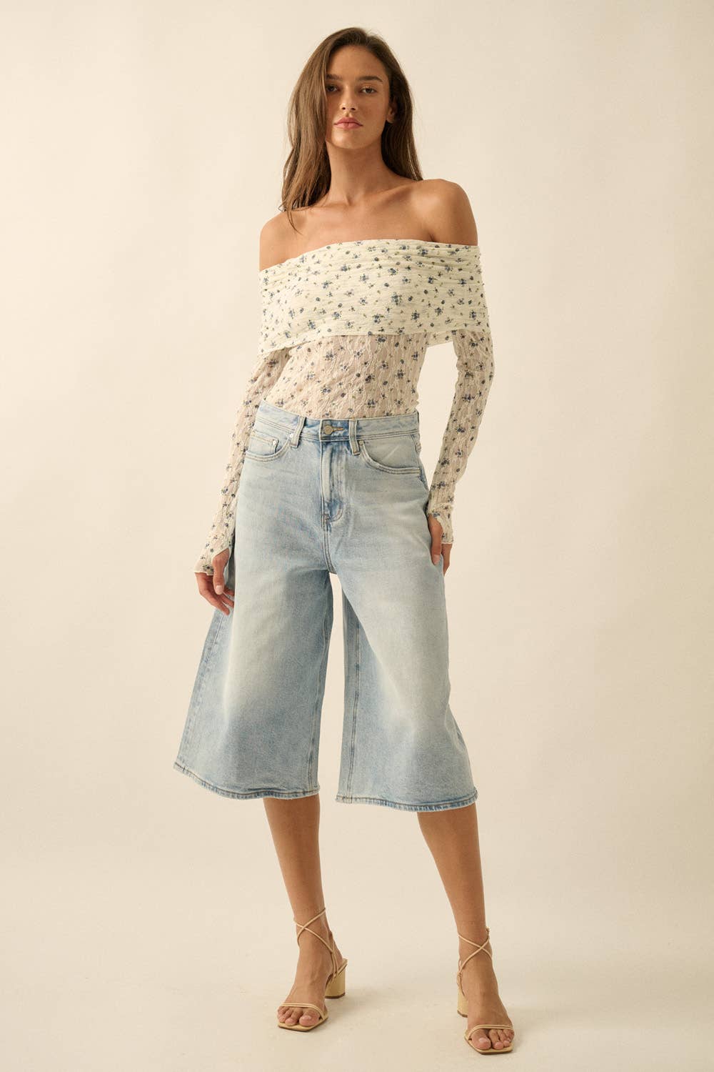 Floral-Print Lace Long-Sleeve Off-Shoulder Foldover Bodysuit
