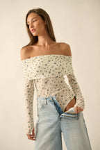 Floral-Print Lace Long-Sleeve Off-Shoulder Foldover Bodysuit