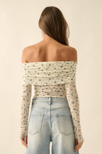 Floral-Print Lace Long-Sleeve Off-Shoulder Foldover Bodysuit