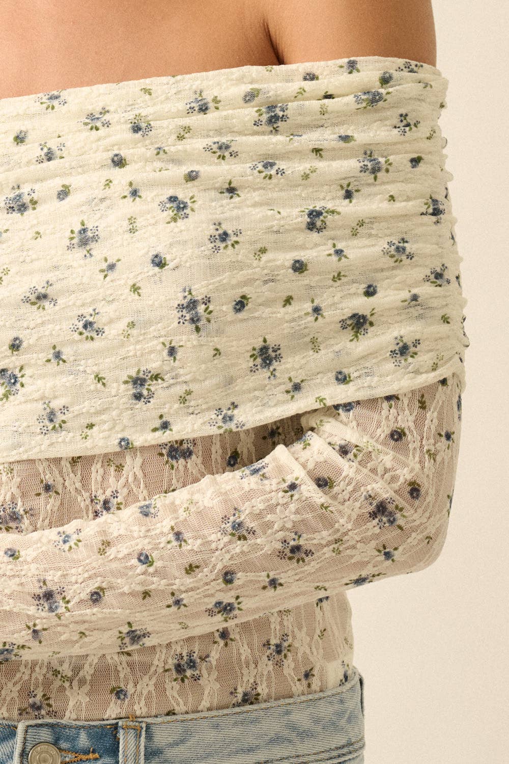 Floral-Print Lace Long-Sleeve Off-Shoulder Foldover Bodysuit