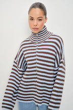 Striped Mocked Neck Zip Up