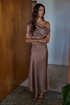 Satin Polka Dot Cowl Neck Maxi Dress