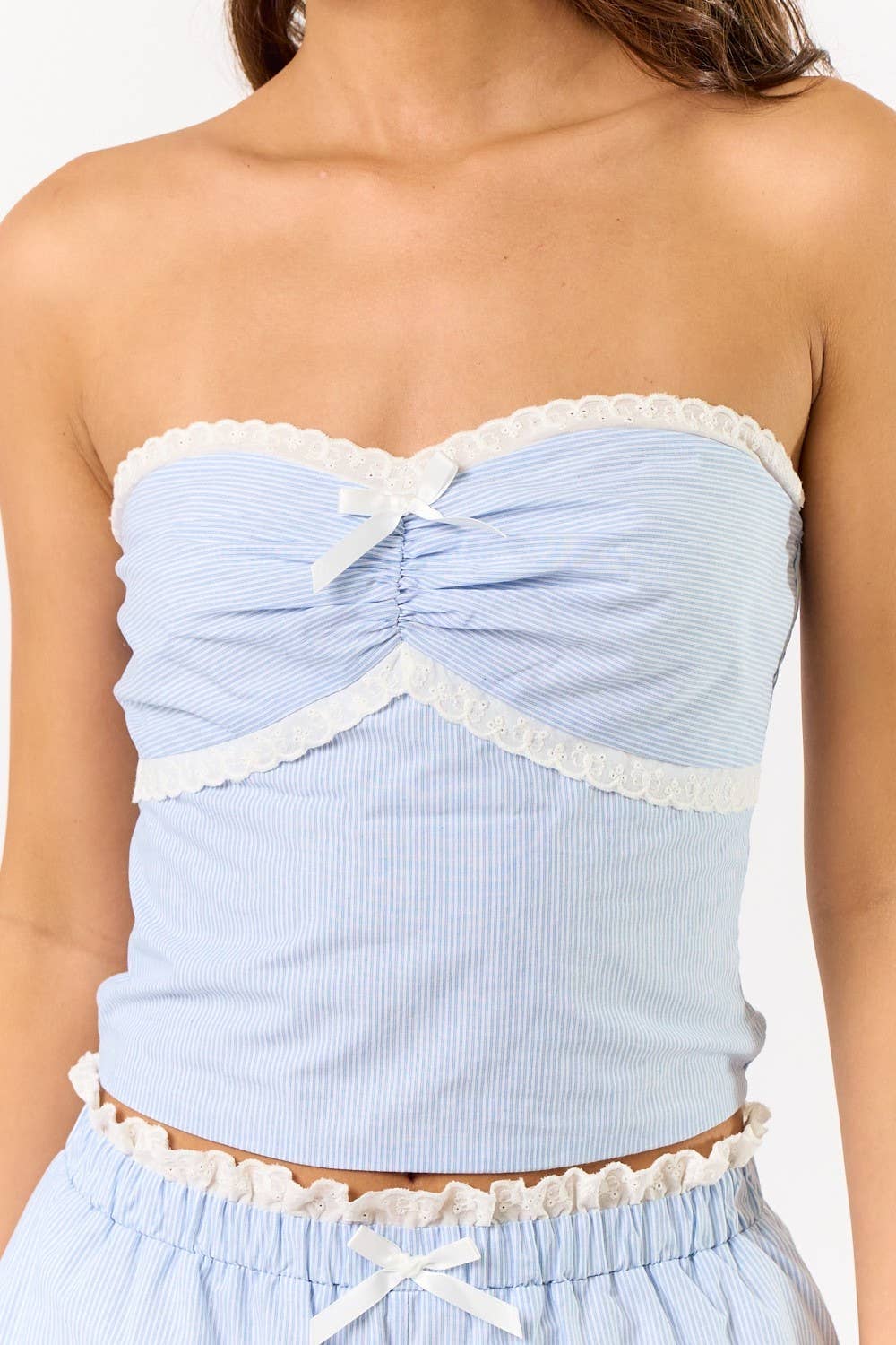 Pinstripe Tube Top with Lace Trim and Shorts