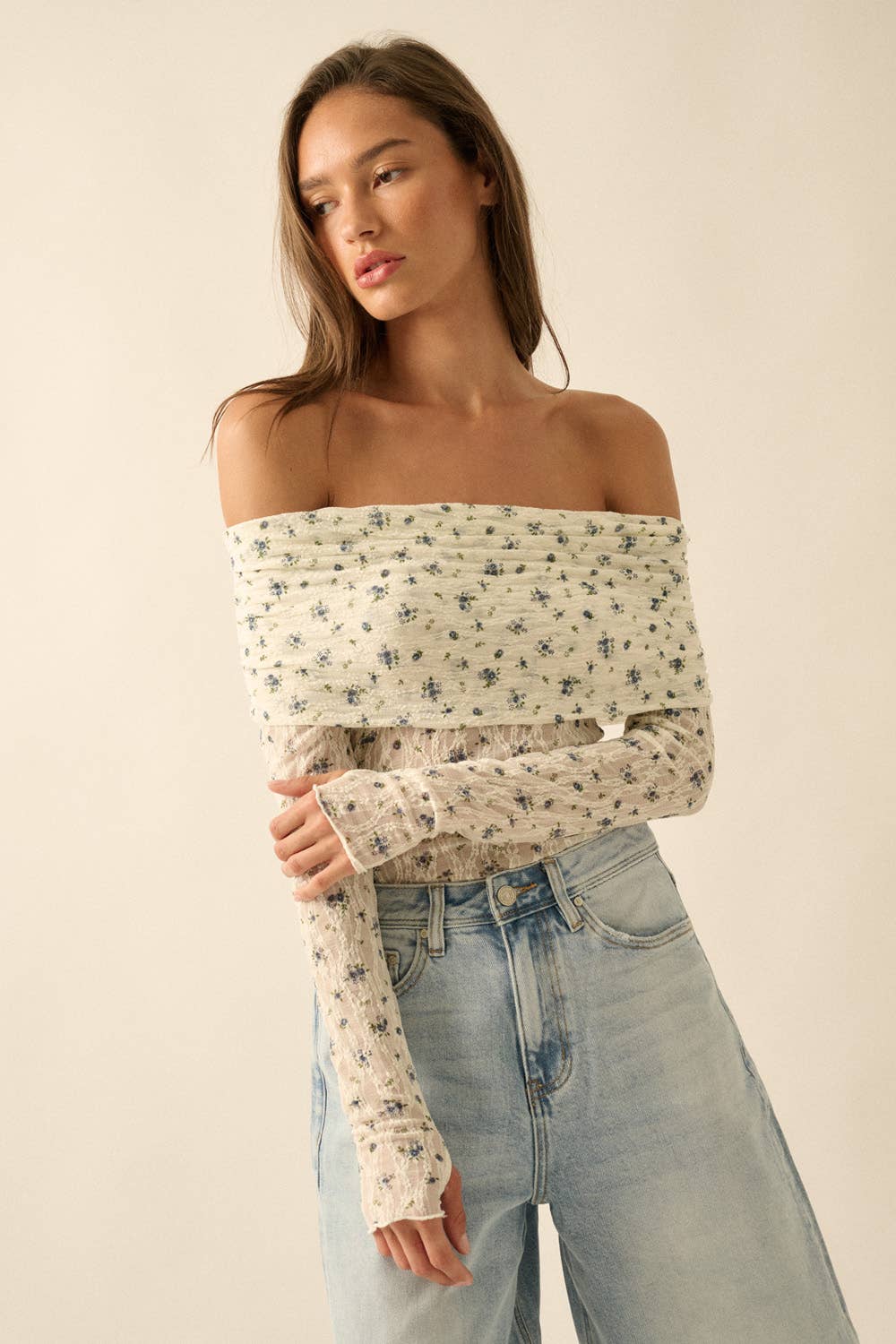 Floral-Print Lace Long-Sleeve Off-Shoulder Foldover Bodysuit