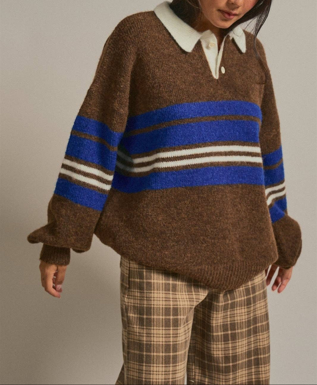 Striped Rugby Polo Sweater With Contrast Collar