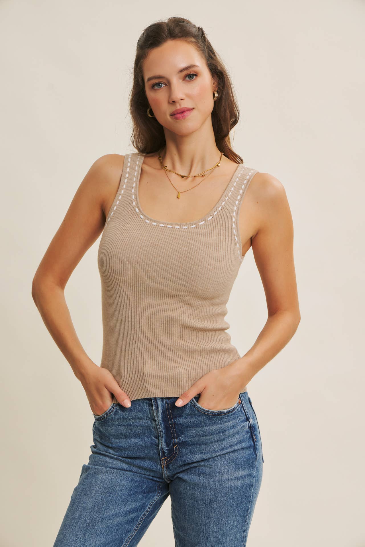 Soft Contrast Stitch Sweater Tank