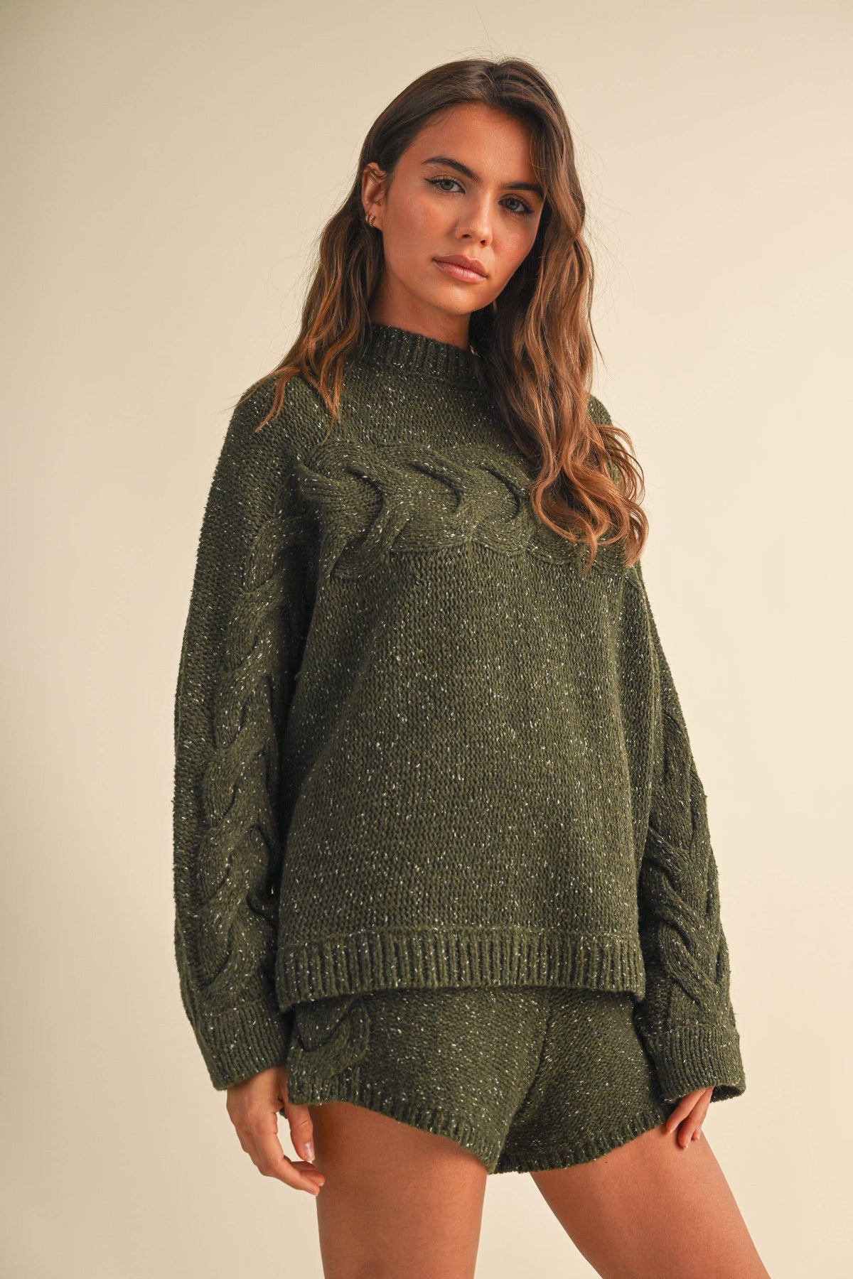 Oversized Cable Detail Sweater Top and Short Set