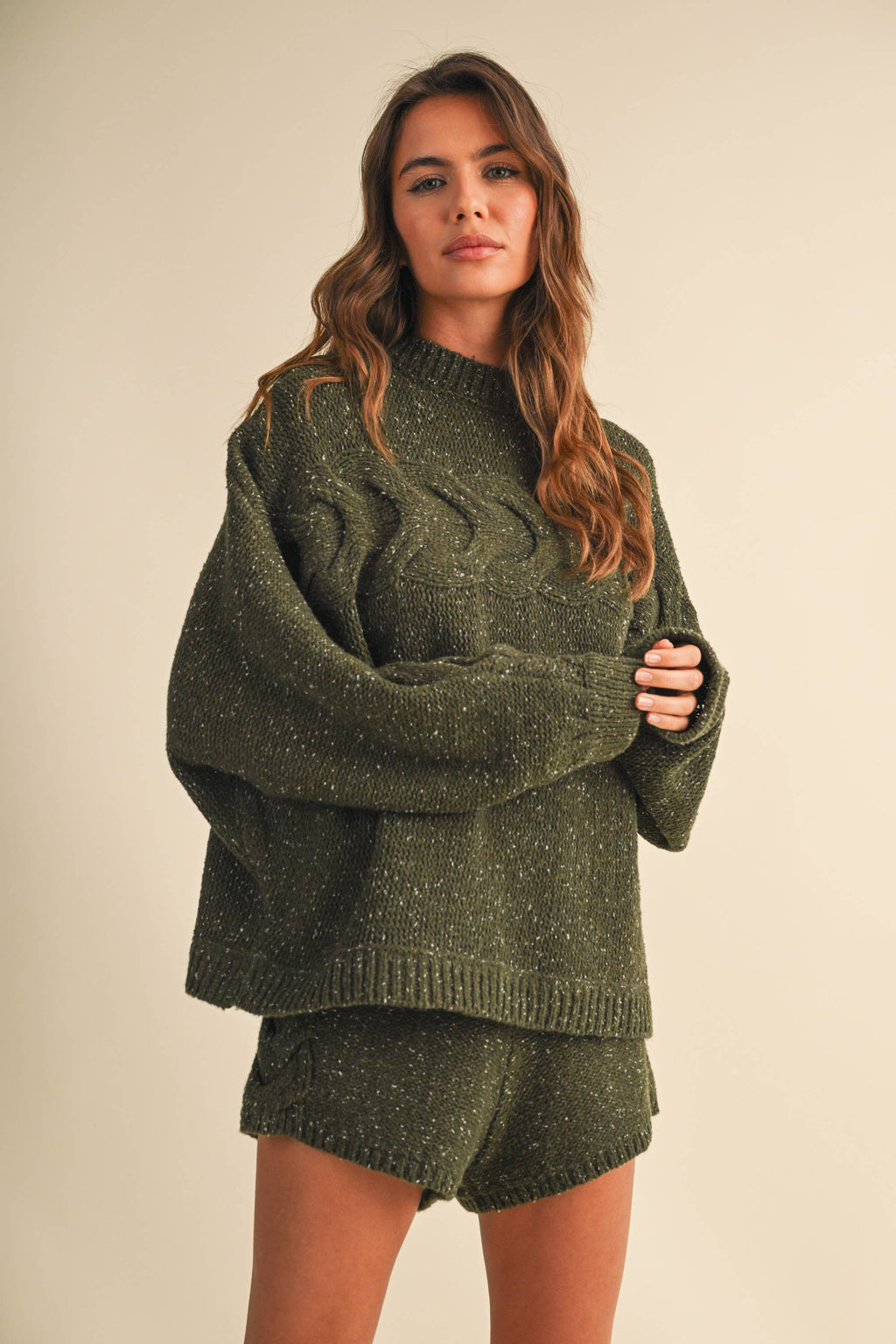 Oversized Cable Detail Sweater Top and Short Set