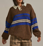 Striped Rugby Polo Sweater With Contrast Collar