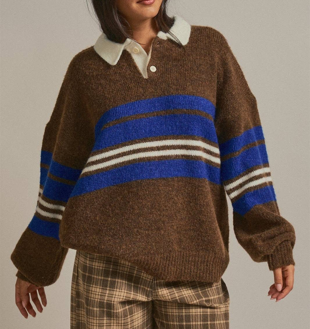 Striped Rugby Polo Sweater With Contrast Collar