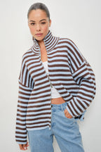 Striped Mocked Neck Zip Up